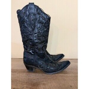 Corral A1070 Women 8.5 Black Goat Leather Sequence Inlay Glitter Cowboy Boots